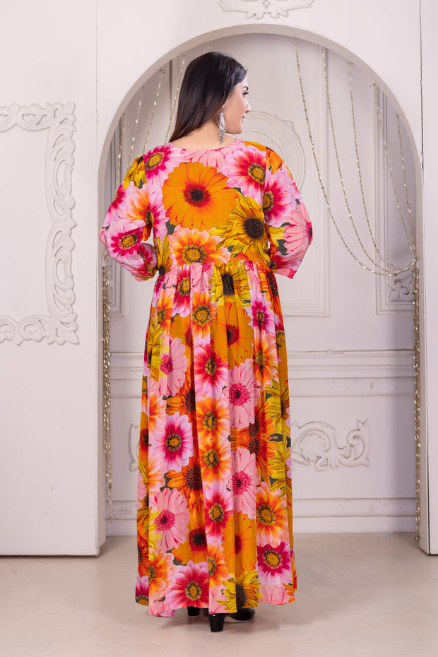 "Sunny Blooms: Yellow Flower Print Silk Dress for Women"