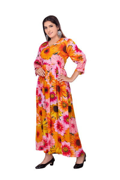 "Sunny Blooms: Yellow Flower Print Silk Dress for Women"