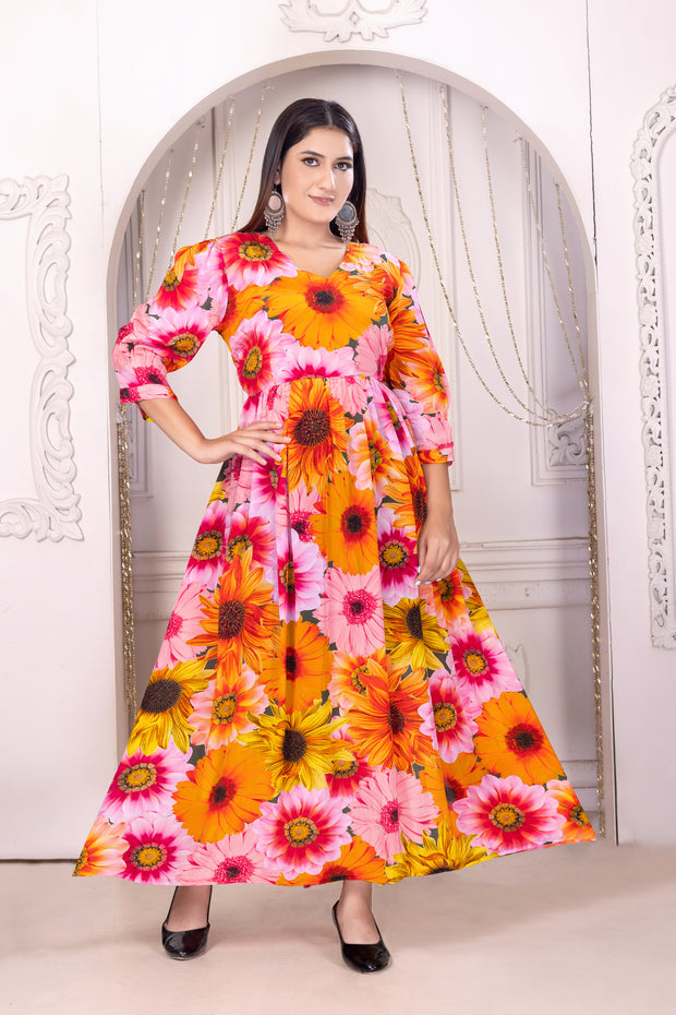 "Sunny Blooms: Yellow Flower Print Silk Dress for Women"