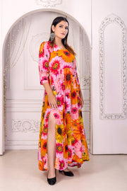 "Sunny Blooms: Yellow Flower Print Silk Dress for Women"