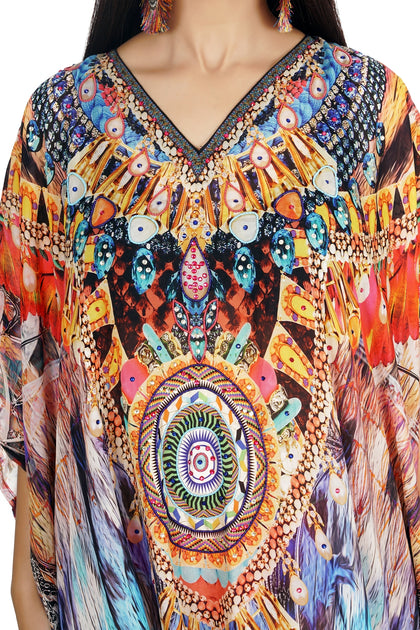 Feather Print short Silk Kaftan featured with Beads beach wear kaftan ...