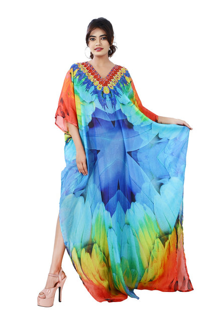 Maccaw Feathers on Maxi Long Kaftan with dazzling – Silk kaftan