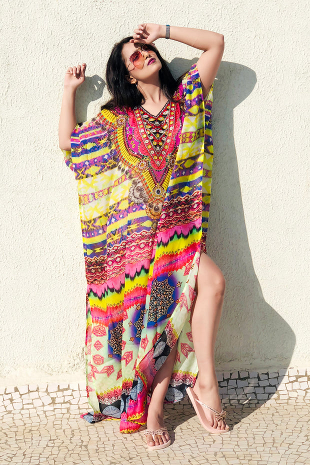 Geometric  print Patterns pool party kaftan Maxi Long Silk Kaftan Resort/Party Wear with superfluities