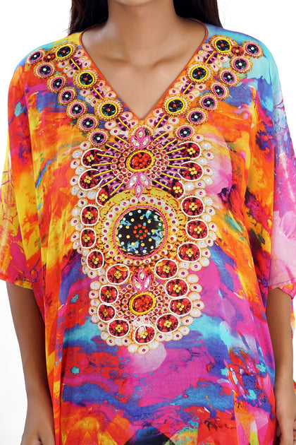 Abstract print short Silk Kaftan with Side cuts, Short Kaftan dresses ...