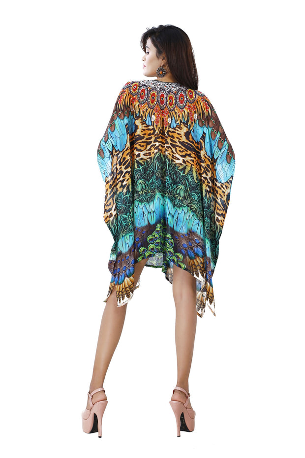 feathers  print short length silk kaftan tunic