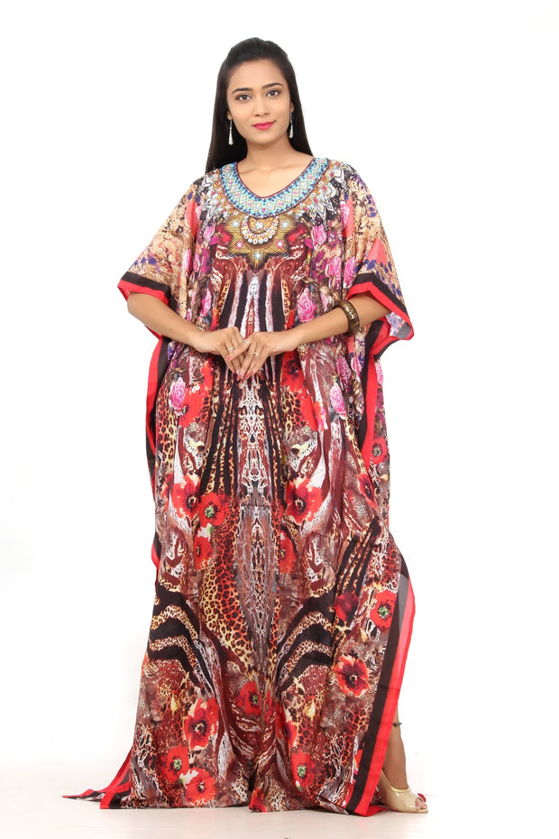 Flora print Evening Gown Styled Silk Kaftan with Animal Patches and Cr ...