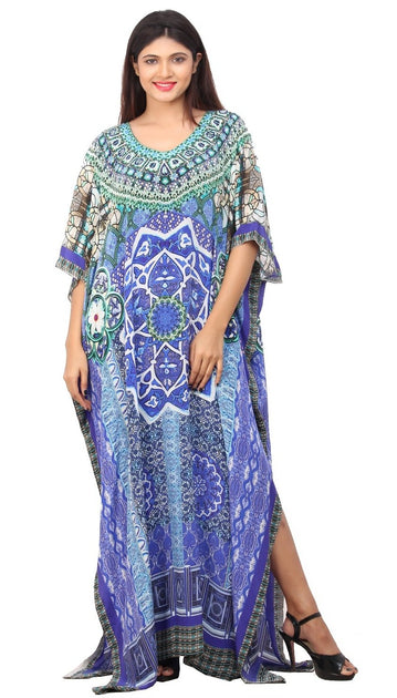 Beautiful Floral Print Kaftan gown, Beach Wear Blue Kaftan Dress – Silk ...